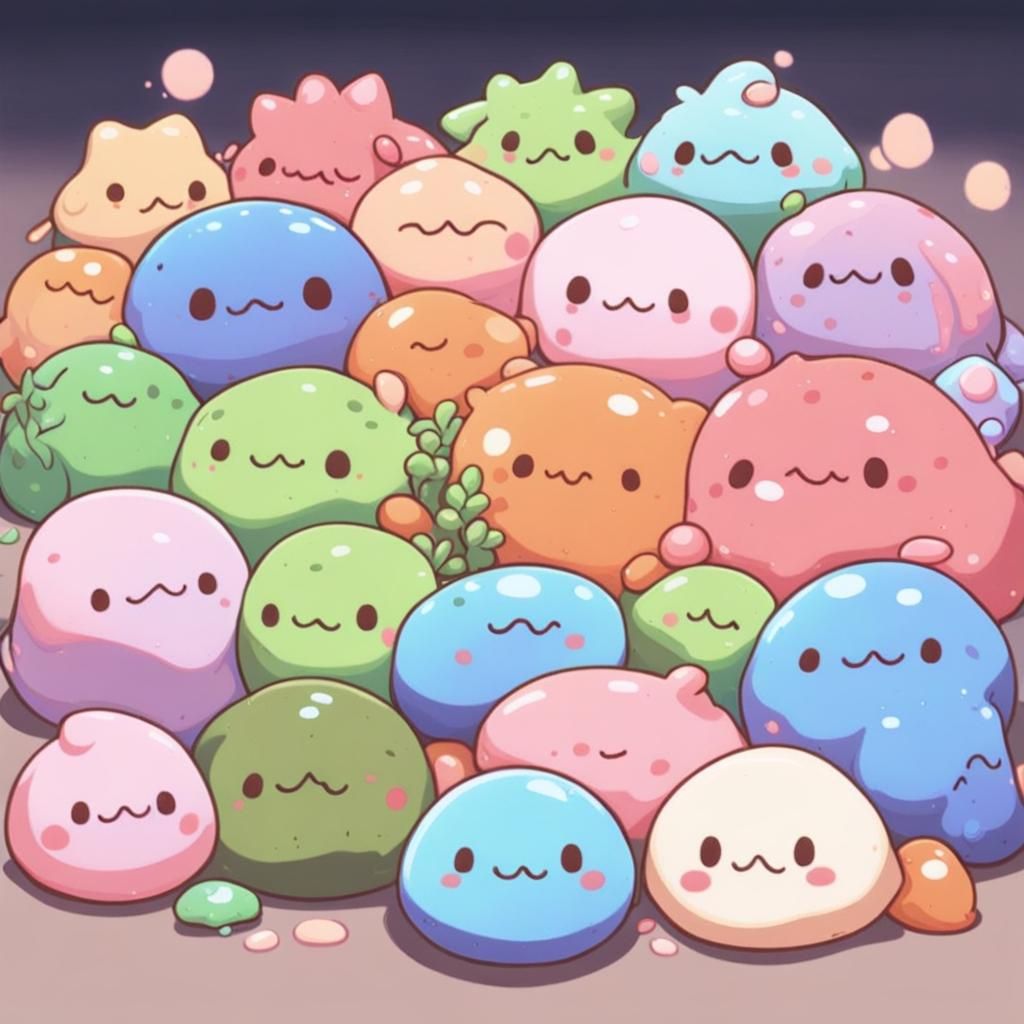 a photo of a bunch of cute tiny slimes taking a nap