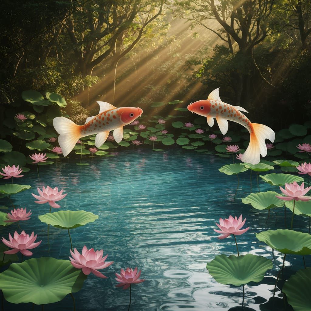 Serene Forest Pool with Lotus Flowers and Koi Fish