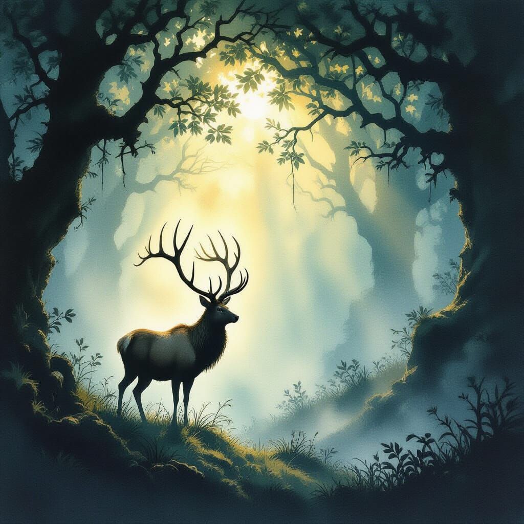 An ancient, moss-covered stone archway stands in a misty, forgotten forest. Luminescent fungi cast an ethereal glow on the gnarled roots and... - Start Image 2