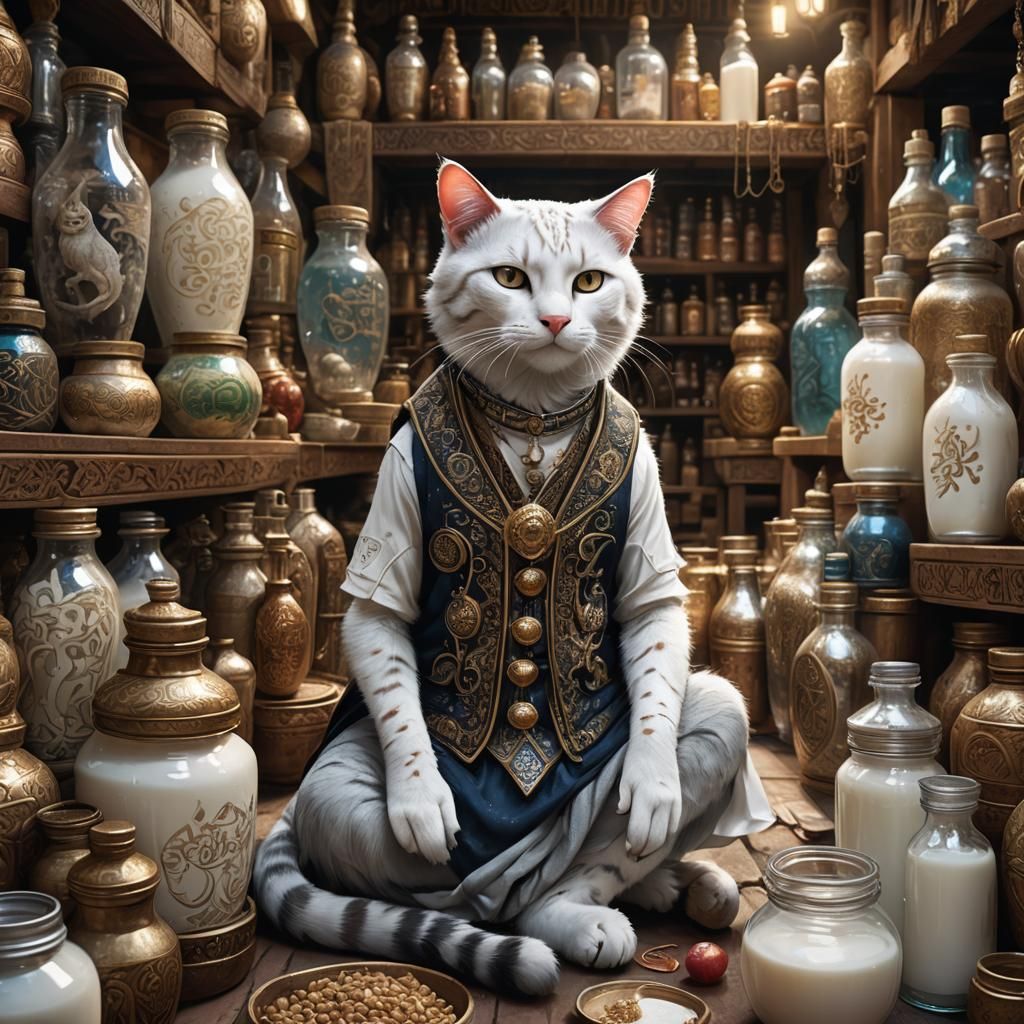 Anthropomorphic Cat Guards Milk in Exotic Market