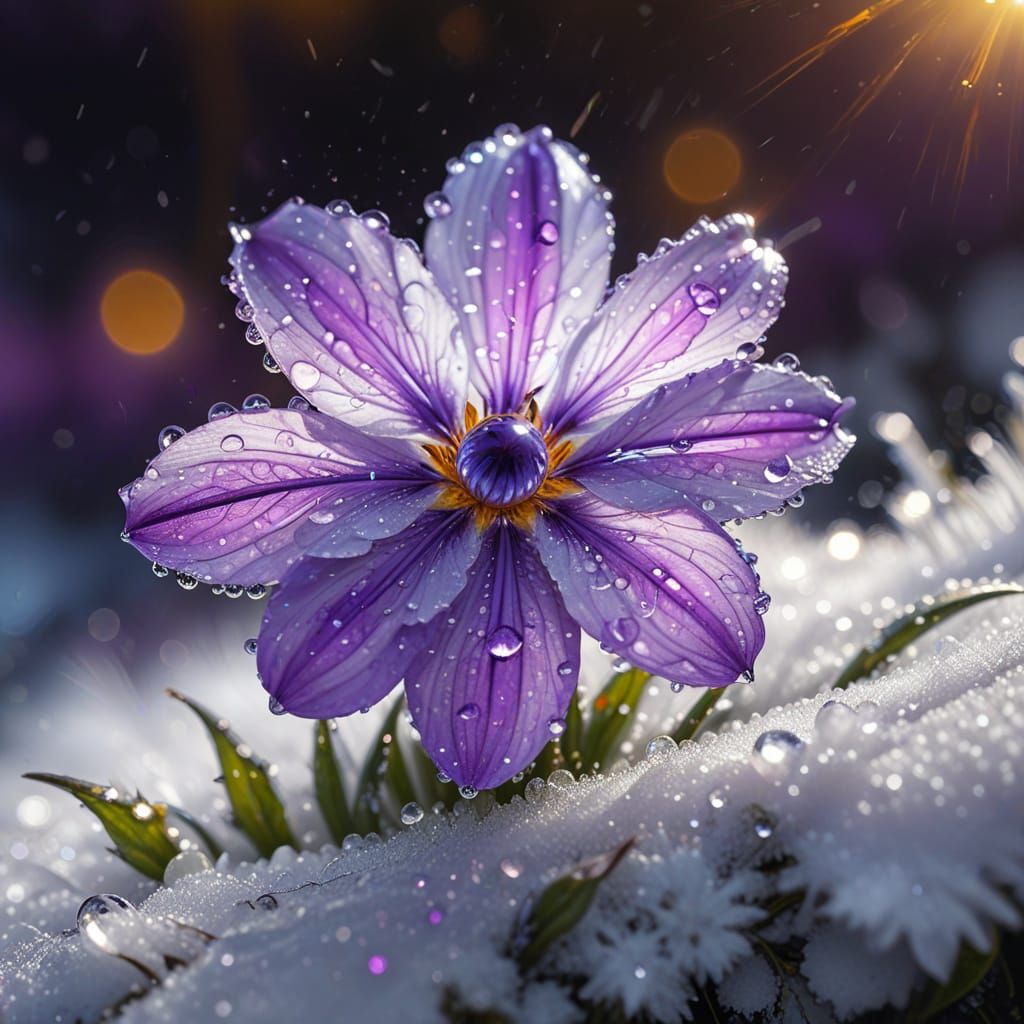 A delicate flower of bioluminescent violet petals with dew drops that reflect the landscape of snowy ...  by @Tildar