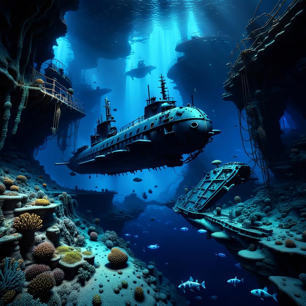 Submarine shipwreck in deep and dark blue submarine canyon. ...