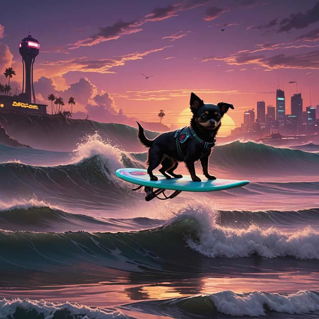 A cute black chihuhahua riding on a surfboard on a big wave ...