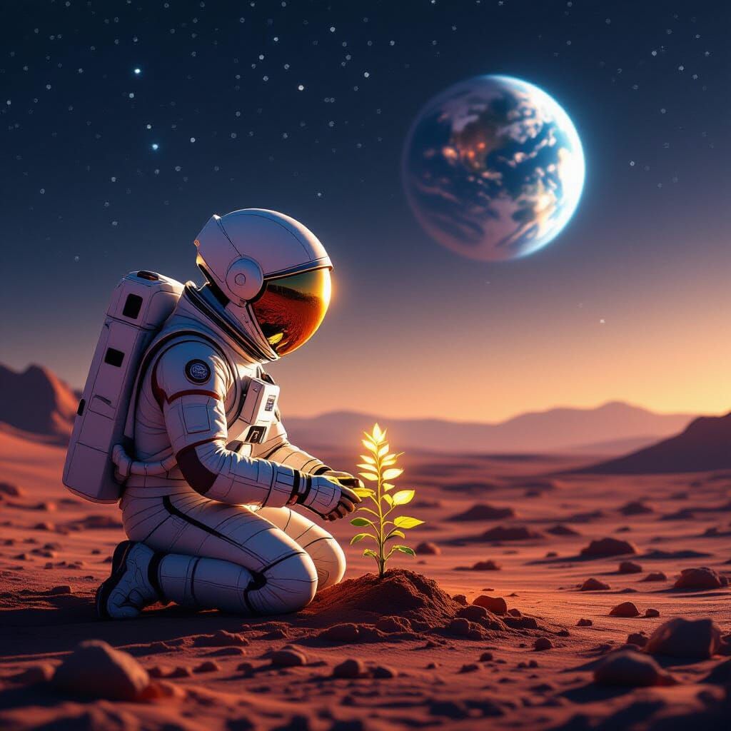 A lone astronaut tending to a small, bioluminescent plant on a desolate Mars landscape. The vast, star-filled cosmos stretches behind them, ...