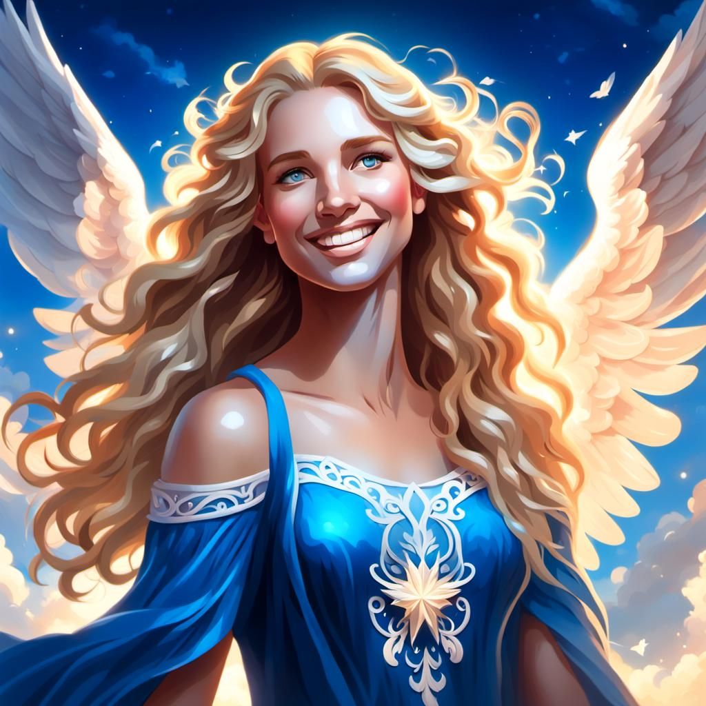 A beautiful woman angel in the sky in blue pretty dress and long blonde  curly hair and immaculate white skin and a big glowing smile and she... -  AI Generated Artwork -