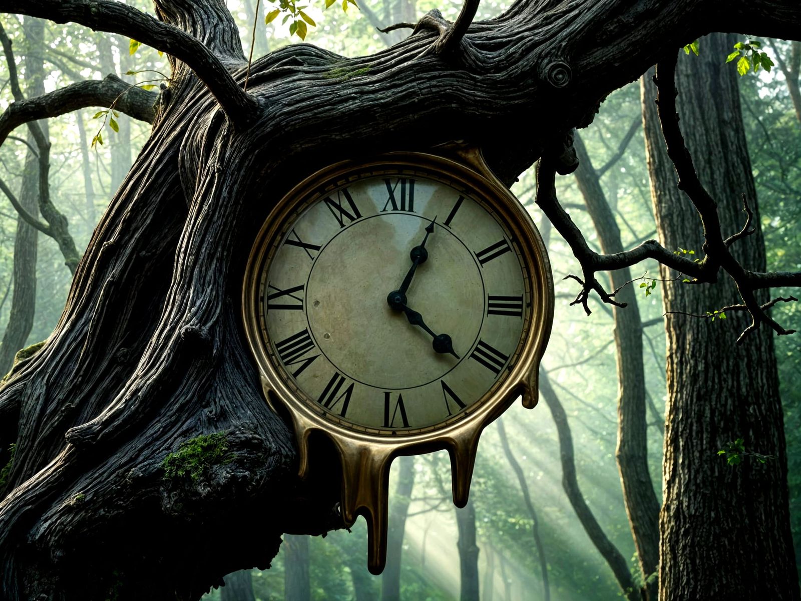 A photograph of a surreal melting clock draped over a gnarled oak tree branch. The clock, crafted from ...  by @Quebra