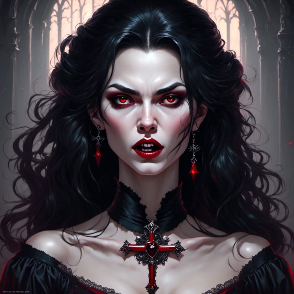 Close up of a beautiful female vampire, long black hair, red...