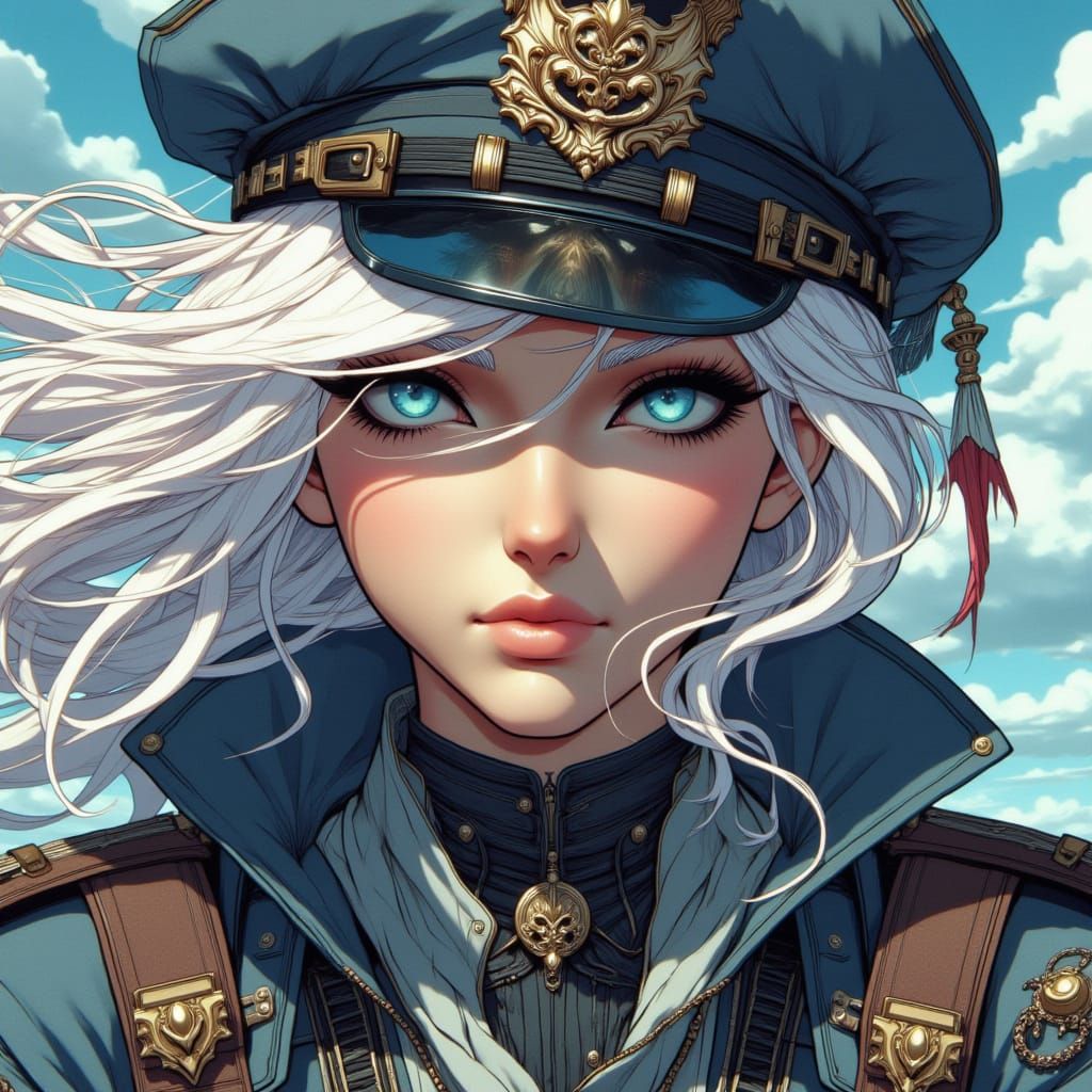 <lora:Studio Academia:1.0> girl princess in captain uniform close up face shot, cinematic beautiful European woman face, anime cartoon. bold...