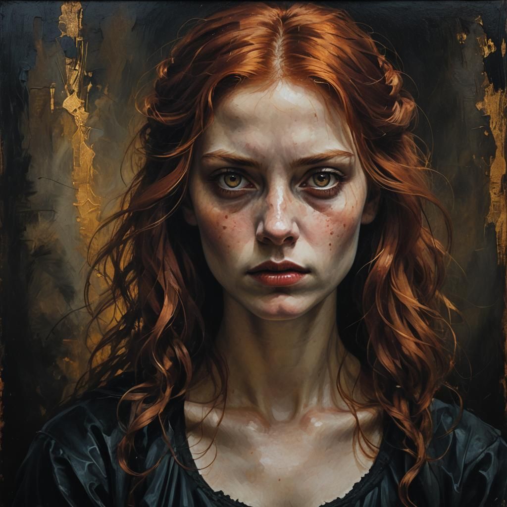Dark, Gothic, female, Dirty Red Hair, hazel Eyes, 20 years o...