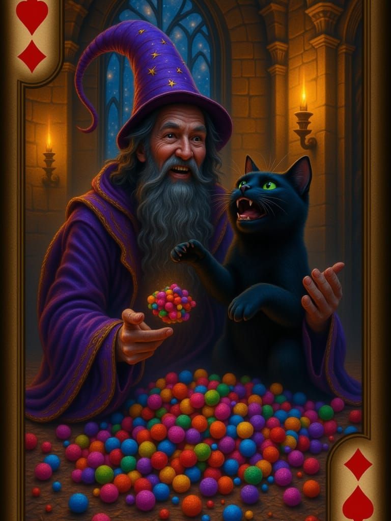in a 7 of red hearts playing card style black cat with emerald green eyes laughing mischievous as a wizard in purple robes and wizard hat wi...