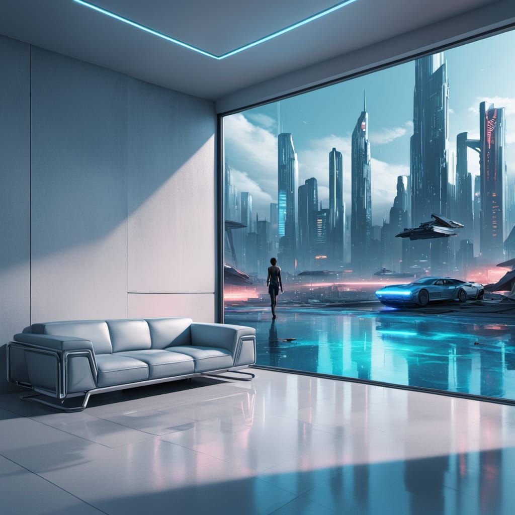 An science fiction interior with futuristic couch with white walls and an open large glass window showing pool outside while behind it is a ...