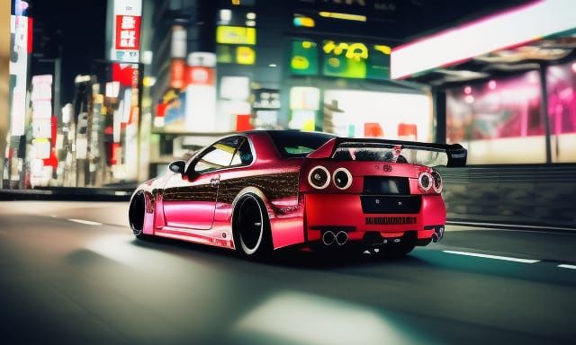 Nissan R35 Skyline with a custom livery driving through Tokyo at night ...