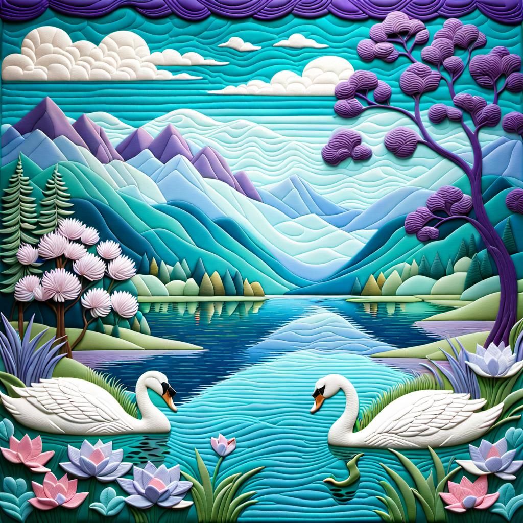 beautiful landscape of a lake with mountains in the background, in the style of quilting 3D relief, trees ...  by @whiterose