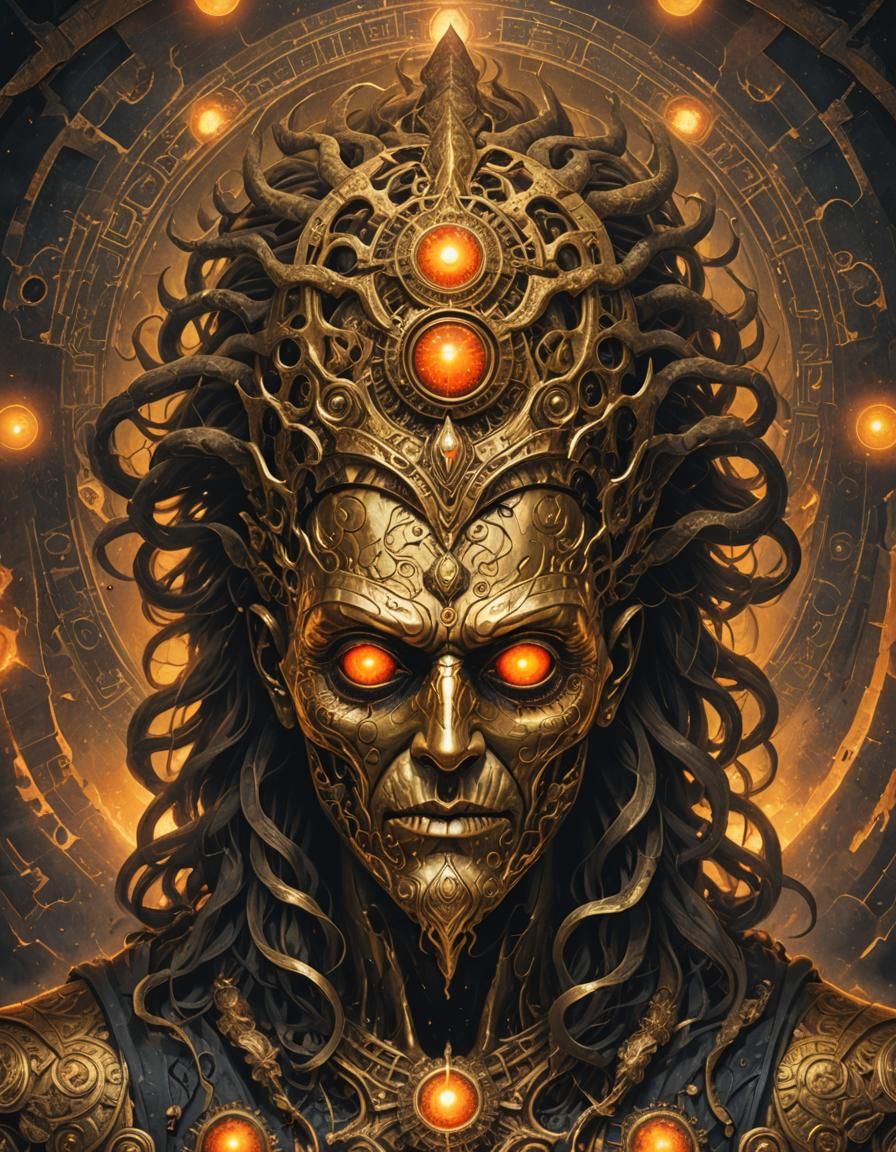 scenic picture of a golden god, wide face, evil look, orange...