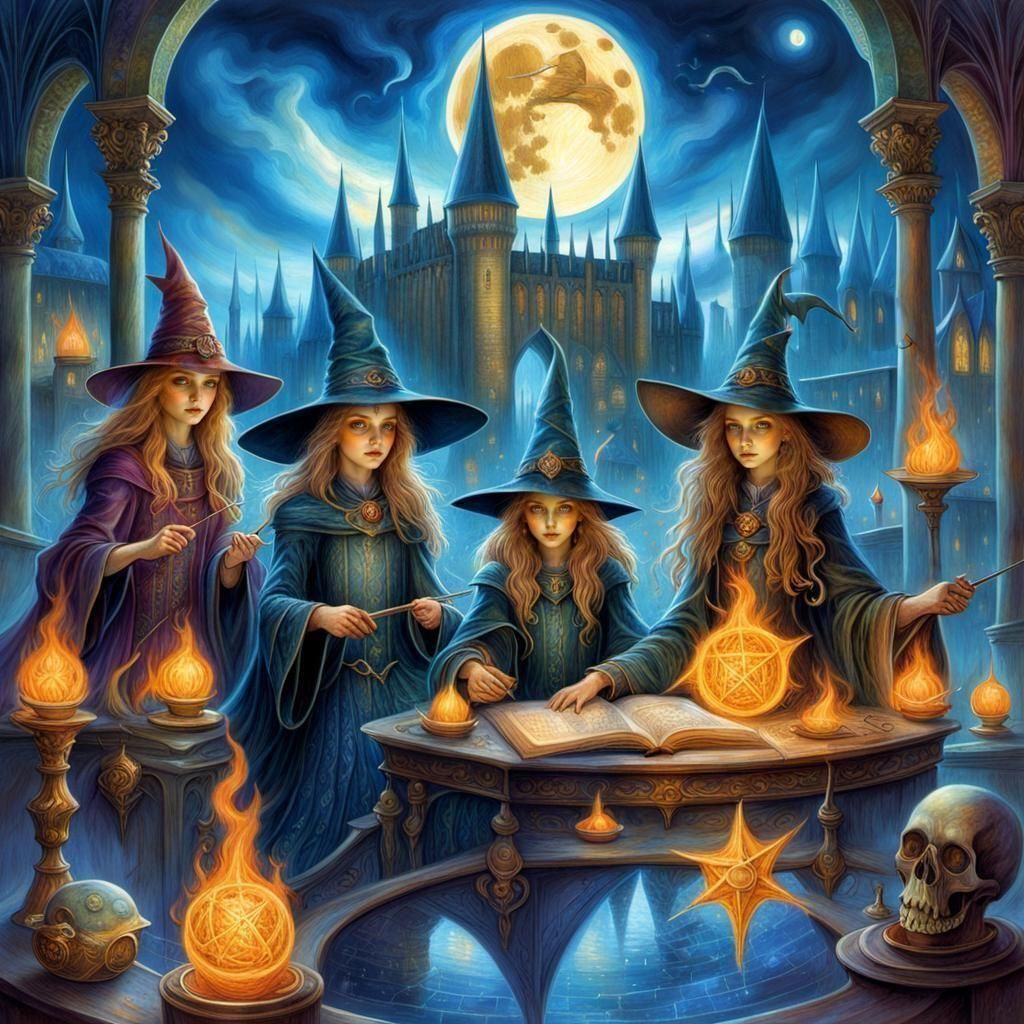 Young witches practicing before school 