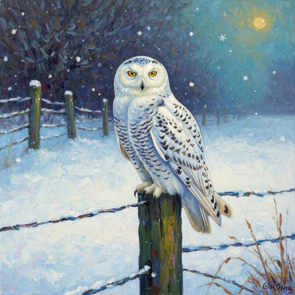 A post-impressionist style painting of a snowy scene with snowy owl standing on a fence post.  by @Cat Sayz
