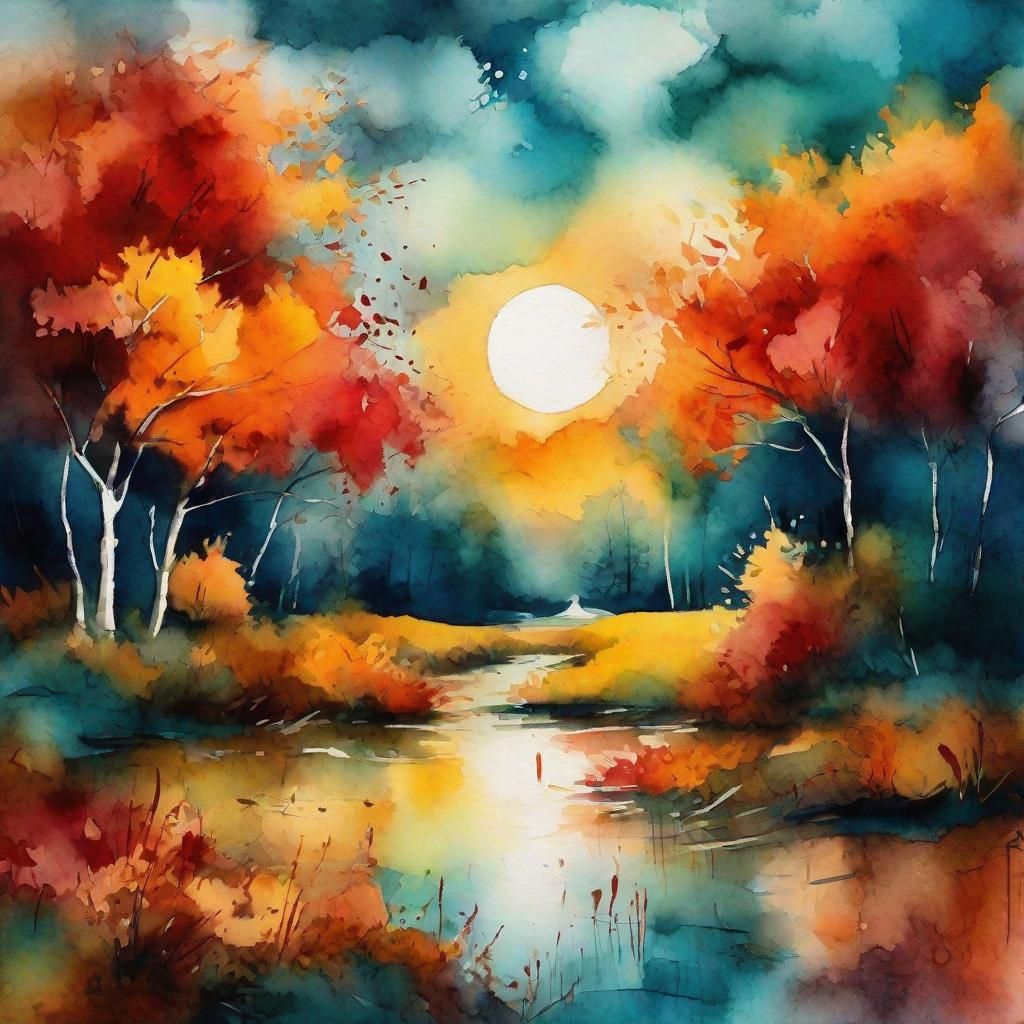 post-impressionist watercolor autumn landscape at full moon