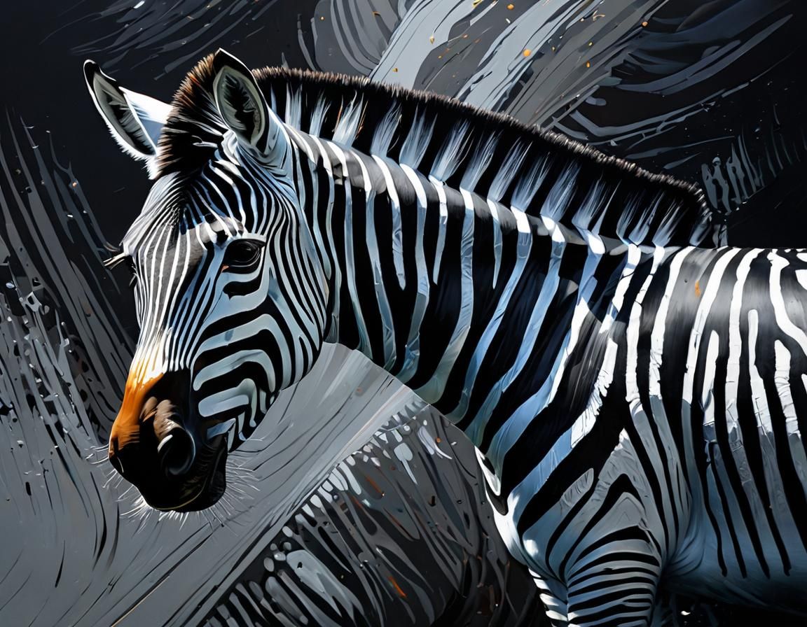 Made of Rainbows, painting, a pitch black gorgeous Zebra  painted with matte black paint, silver highlights, thick brush strokes, grunge sty...