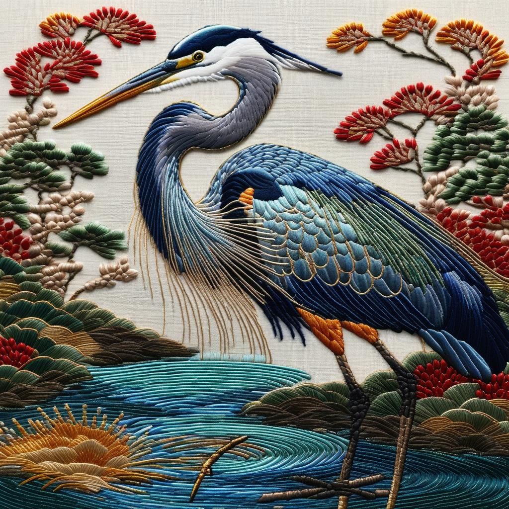 Japanese embroidery of a blue heron in water  by @Bronwyn