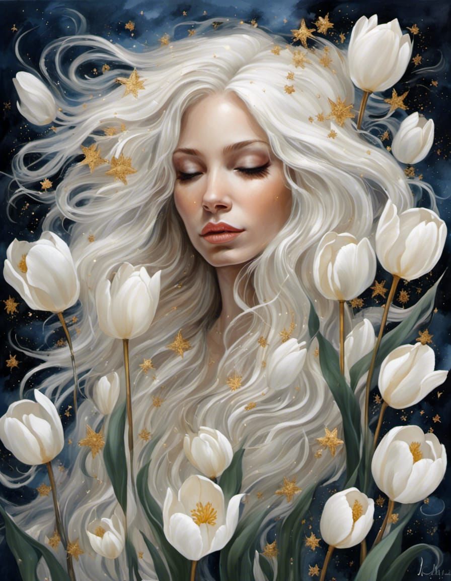 <lora:Secret Ingredient:1.0> A woman portrait with white flo...