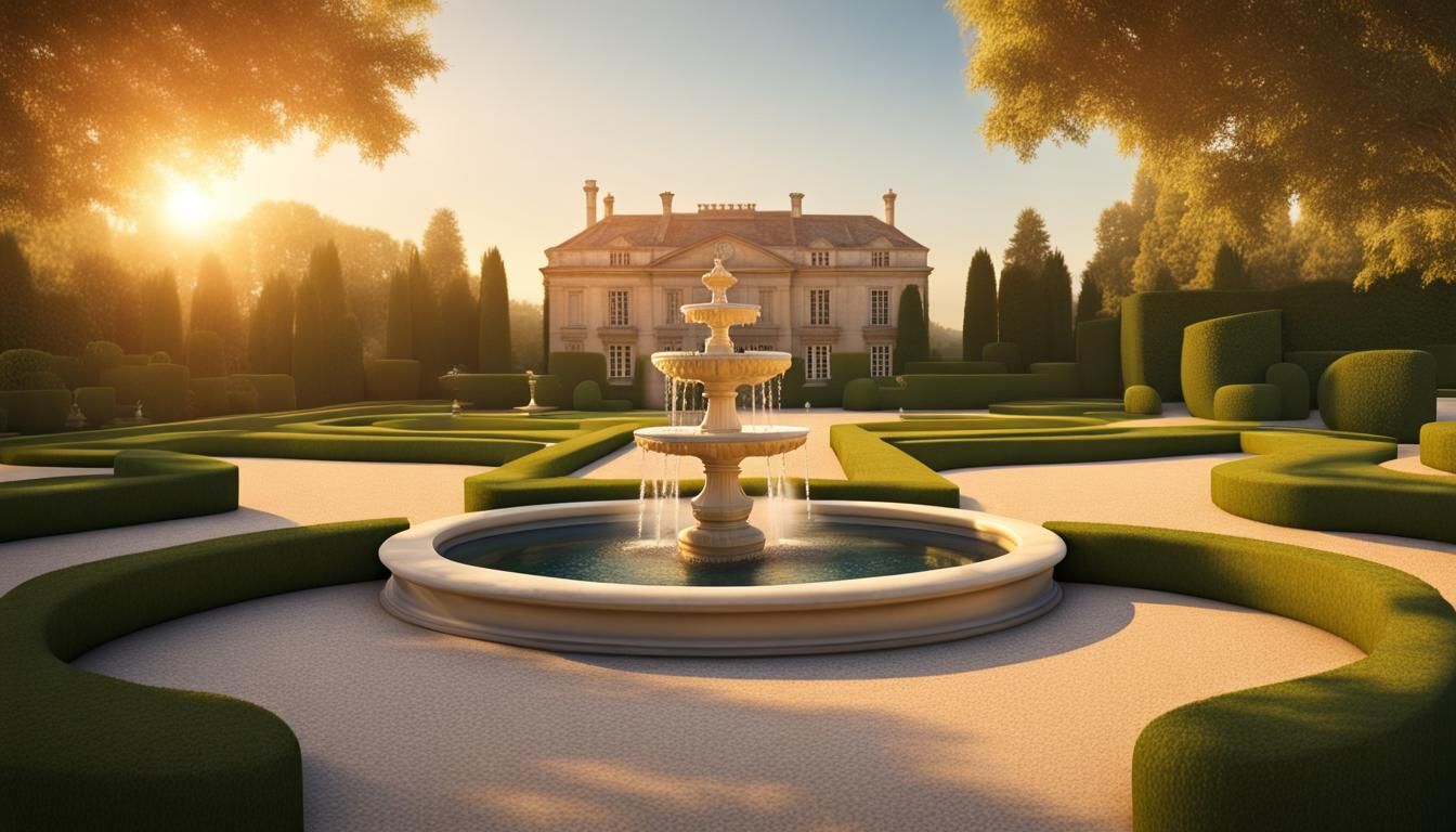 Formal fountain in French villa formal garden