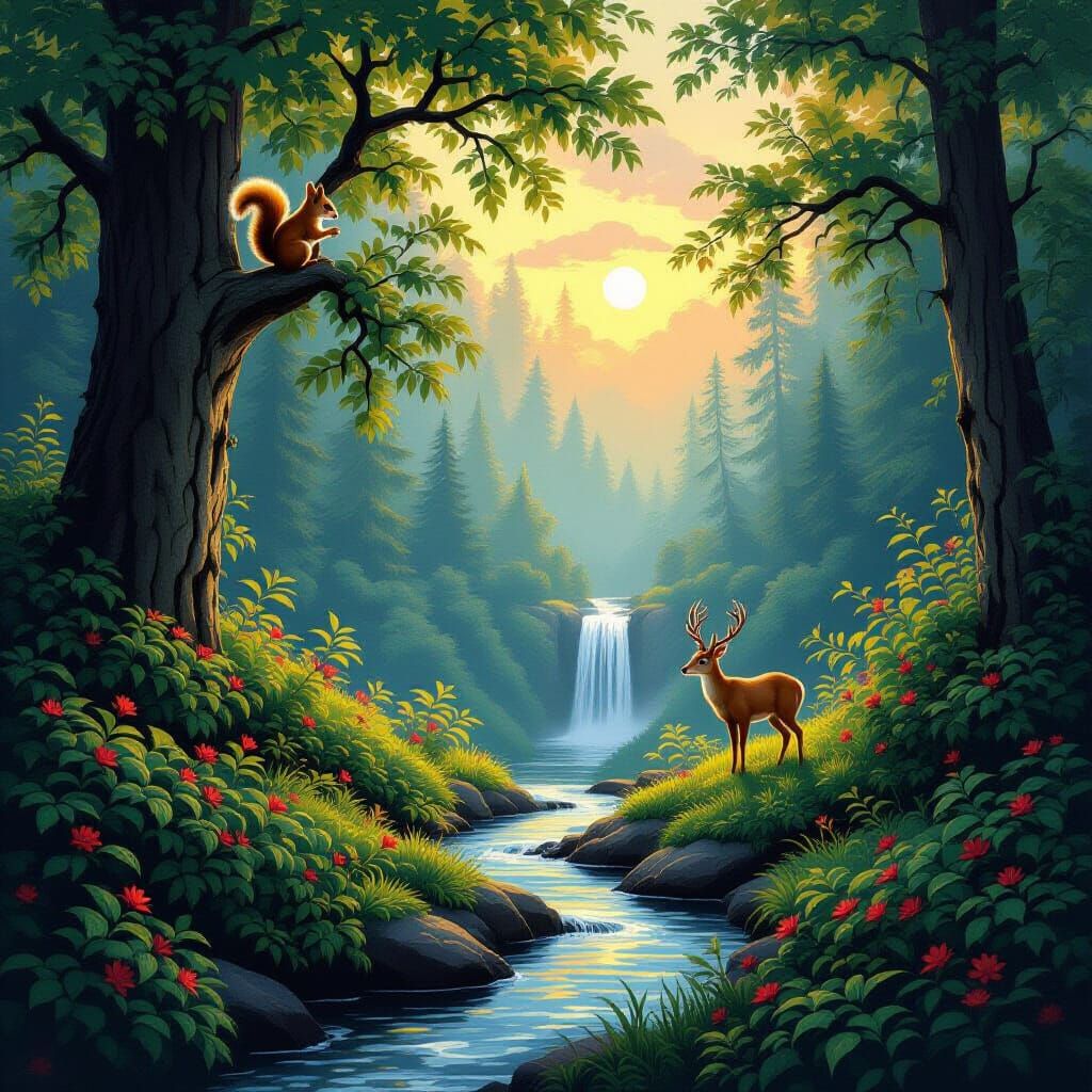 Enchanting Forest Scene with Deer and Squirrel