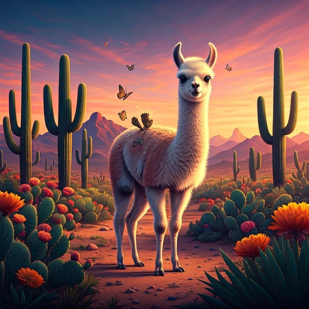 Llama in Vibrant Dreamlike Desert Landscape
