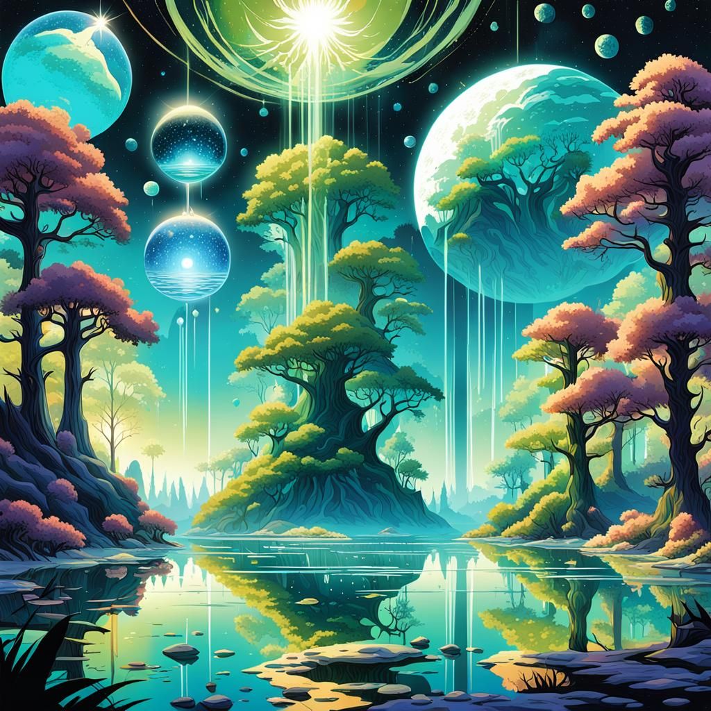 Lush Alien Planet with Bioluminescent Trees
