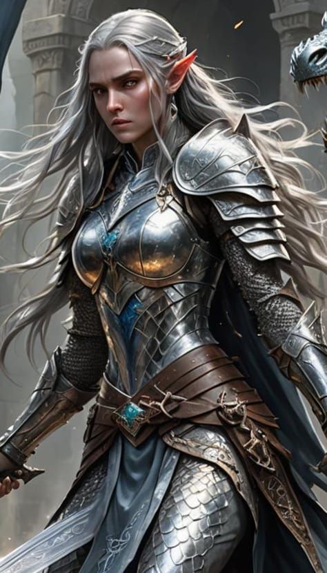 image of a female elf in chainmail and a two handed sword fighting a dragon with its wings spread wide, rearing on its hind legs