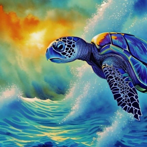 watercolour surfing sea turtle - AI Generated Artwork - NightCafe Creator