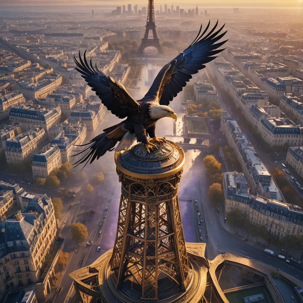 An eagle perches atop the Eiffel Tower, overlooking Paris wi...