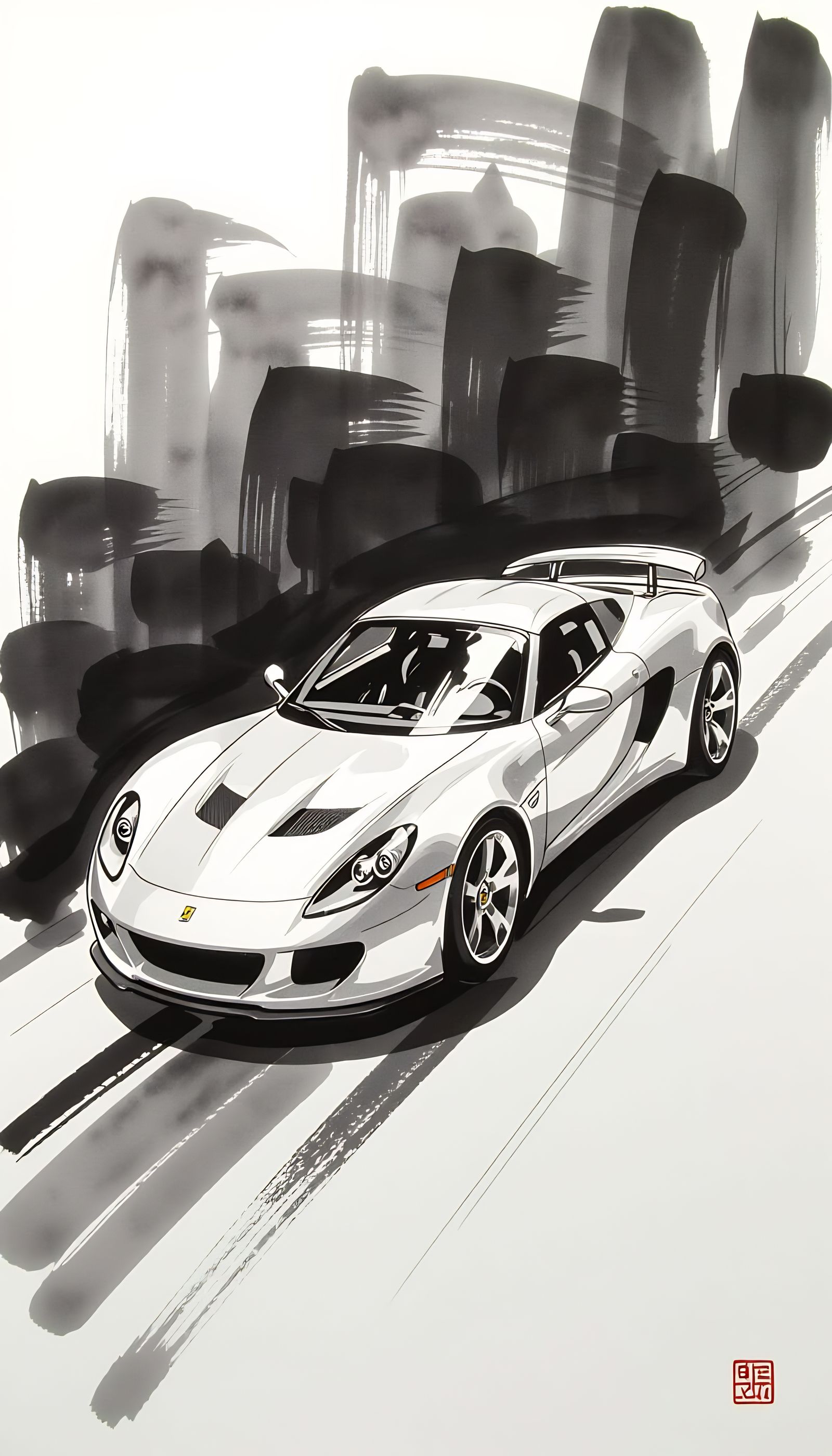 Zen-Inspired Sports Car Drawing in Black Ink