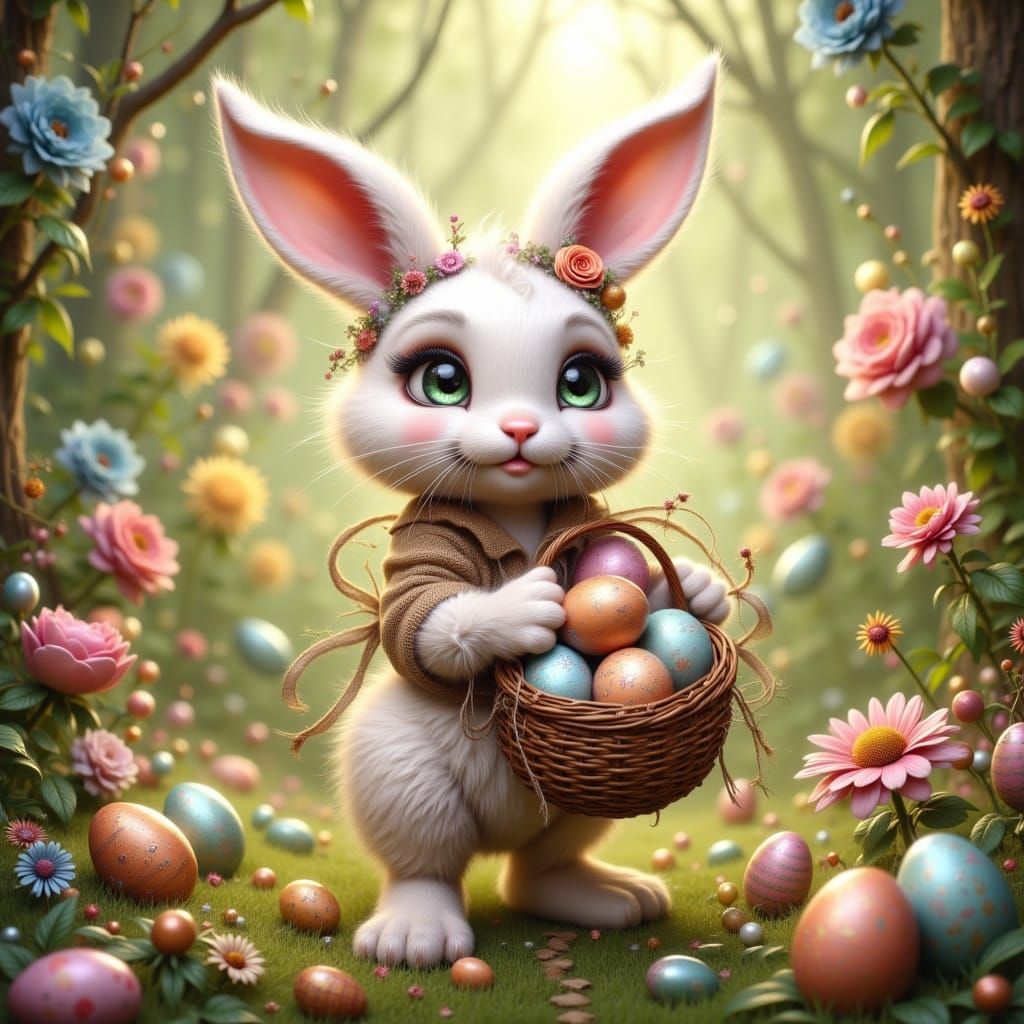 <lora:Bohemian Whimsy:1.0> cute whimiscal Easter bunny carry large basket of decorated eggs , woodland ...  by @whiterose