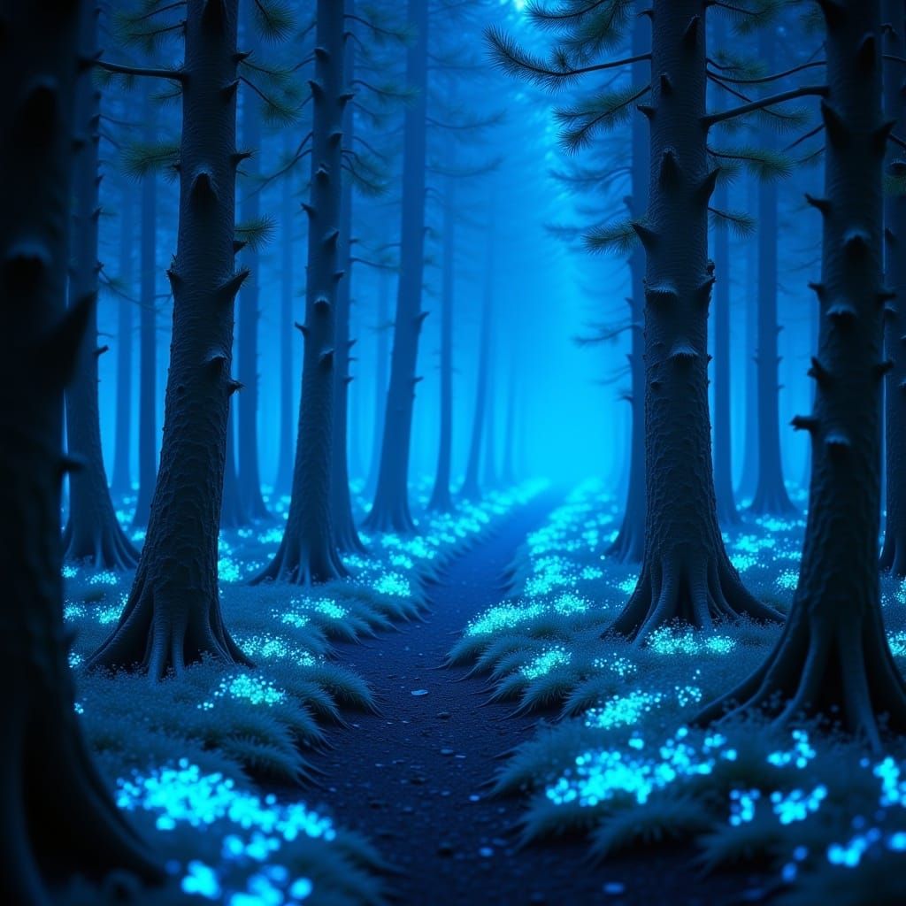 <lora:Natures Finest:1.0> An iridescent phantasmal forest glowing with a blu hue 4K high resolution high definition intricately detailed ext...