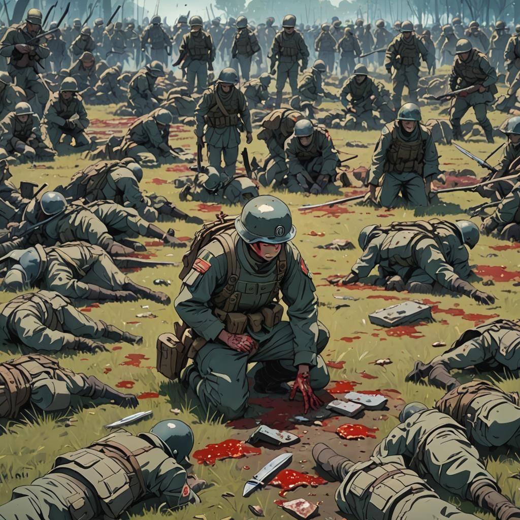 A bloodied soldier kneels on a battlefield. The battle is ov...