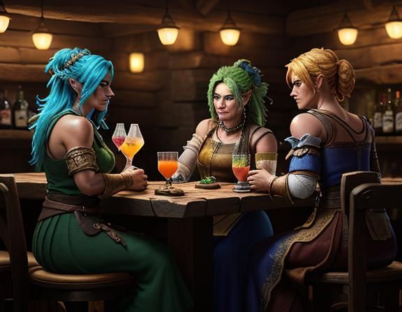 3 female goblins in a rustic tavern drinking cocktails 3D Game Cinematic Feel, Epic 3D Videogame Graphics, ...  by @Amanda
