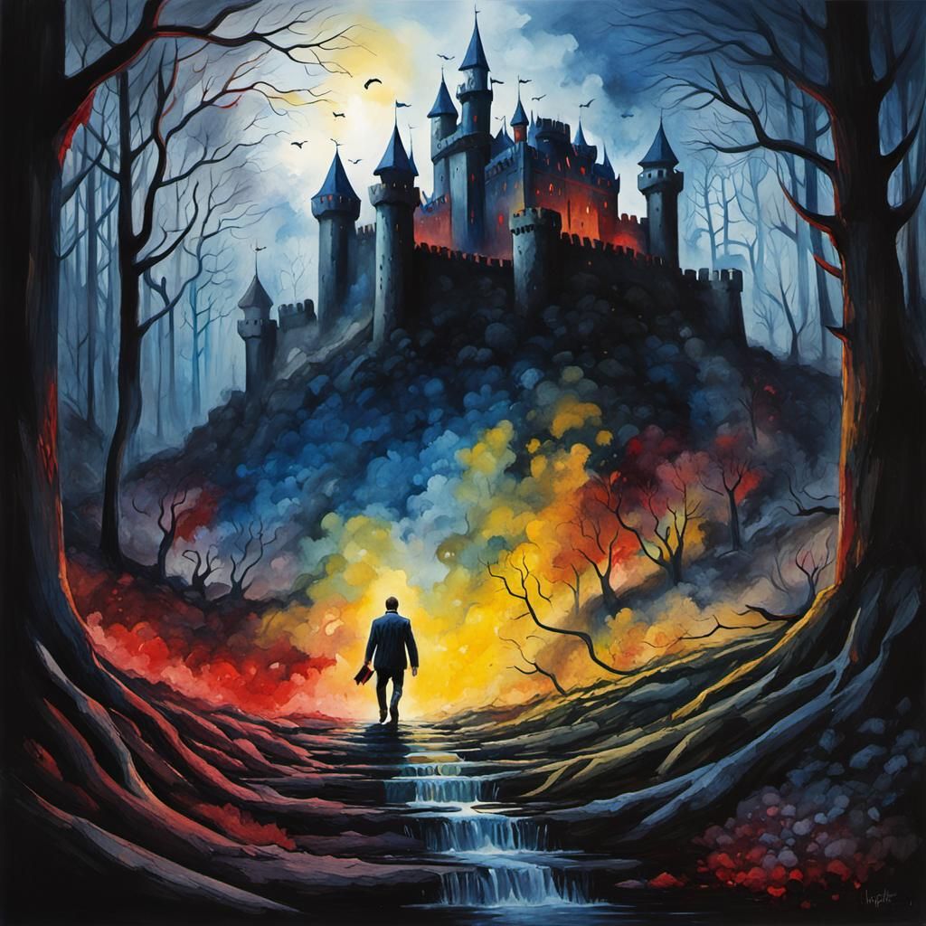 Sinister Castle Forest Scene in Oil and Ink