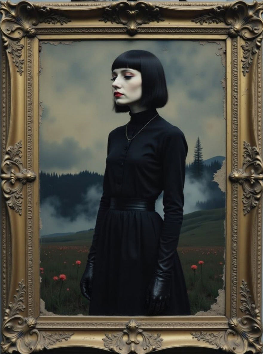 <lora:Atmosphere in Flux:1.0> Low angle view, ornate Gilded frame, modern Goth girl in black attire, deathly pale skin, dark makeup, surroun...