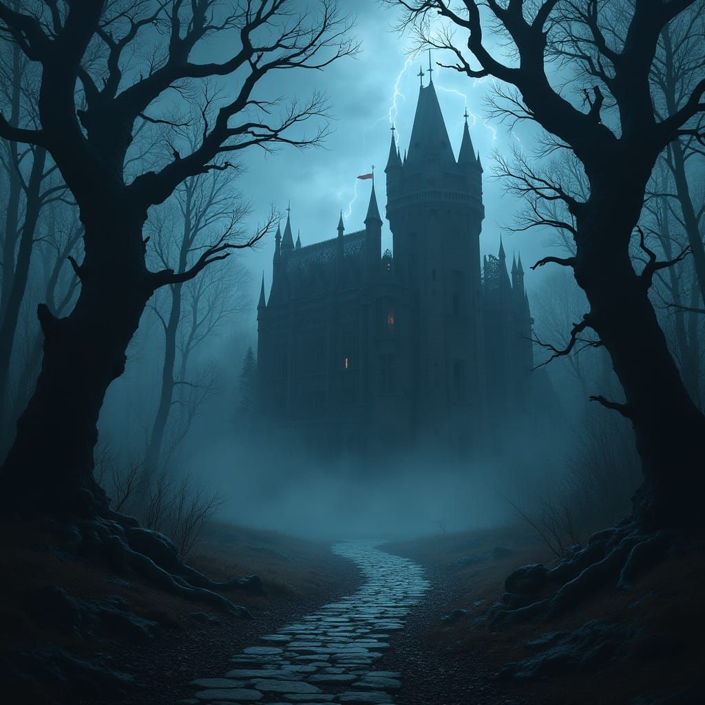 Eerie Castle in Stormy Forest: Matte Painting