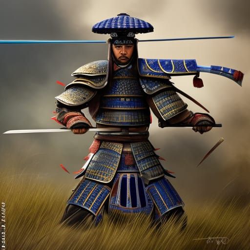 Samurai Warrior Blue Armour sedge hat Samurai Sword - AI Generated ...