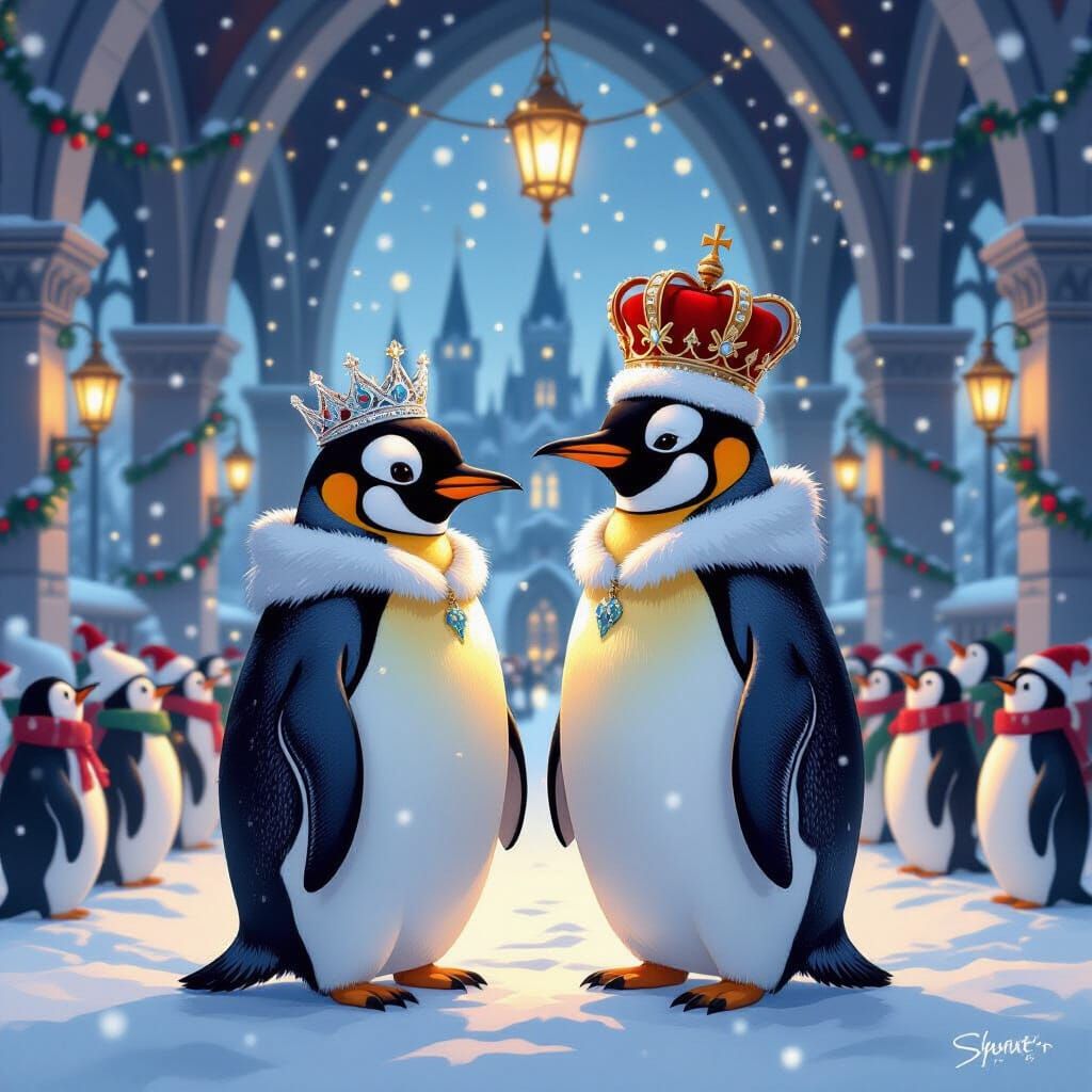 A royal penguin couple celebrates Christmas.  by @dRvnPnGn