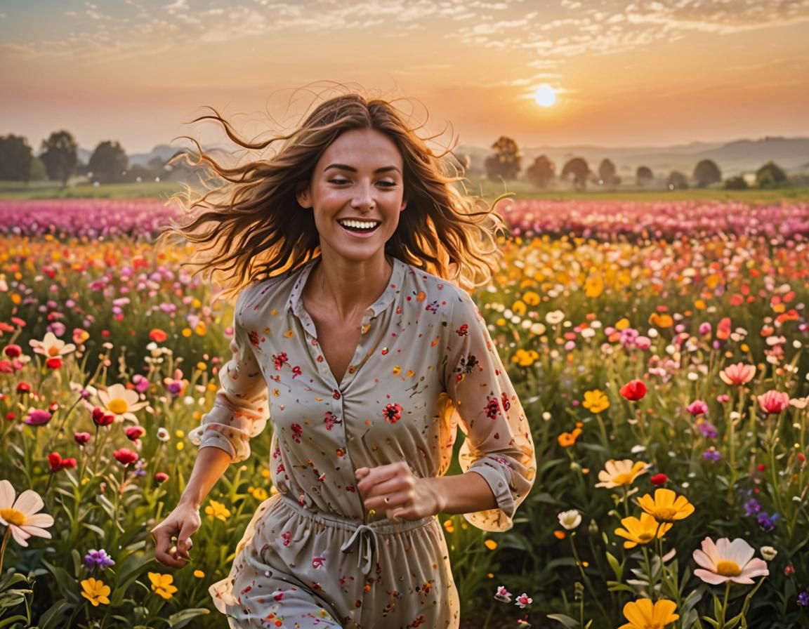 Happy girl in flower field, sunrise, view from behind, Professional photography, bokeh, natural lighting, canon lens, sh...