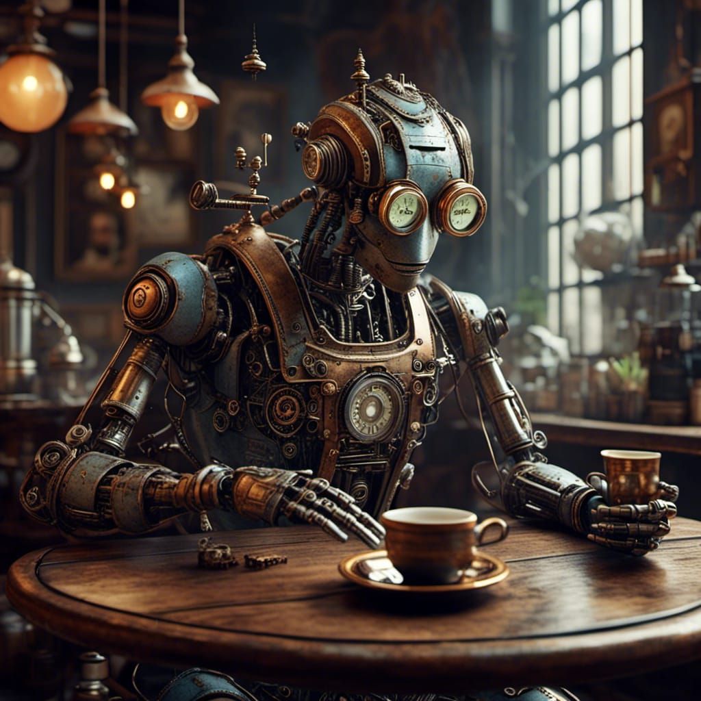 <lora:ROBOTICA:1.0> Steampunk robot chilling, drinking tea in a cafe