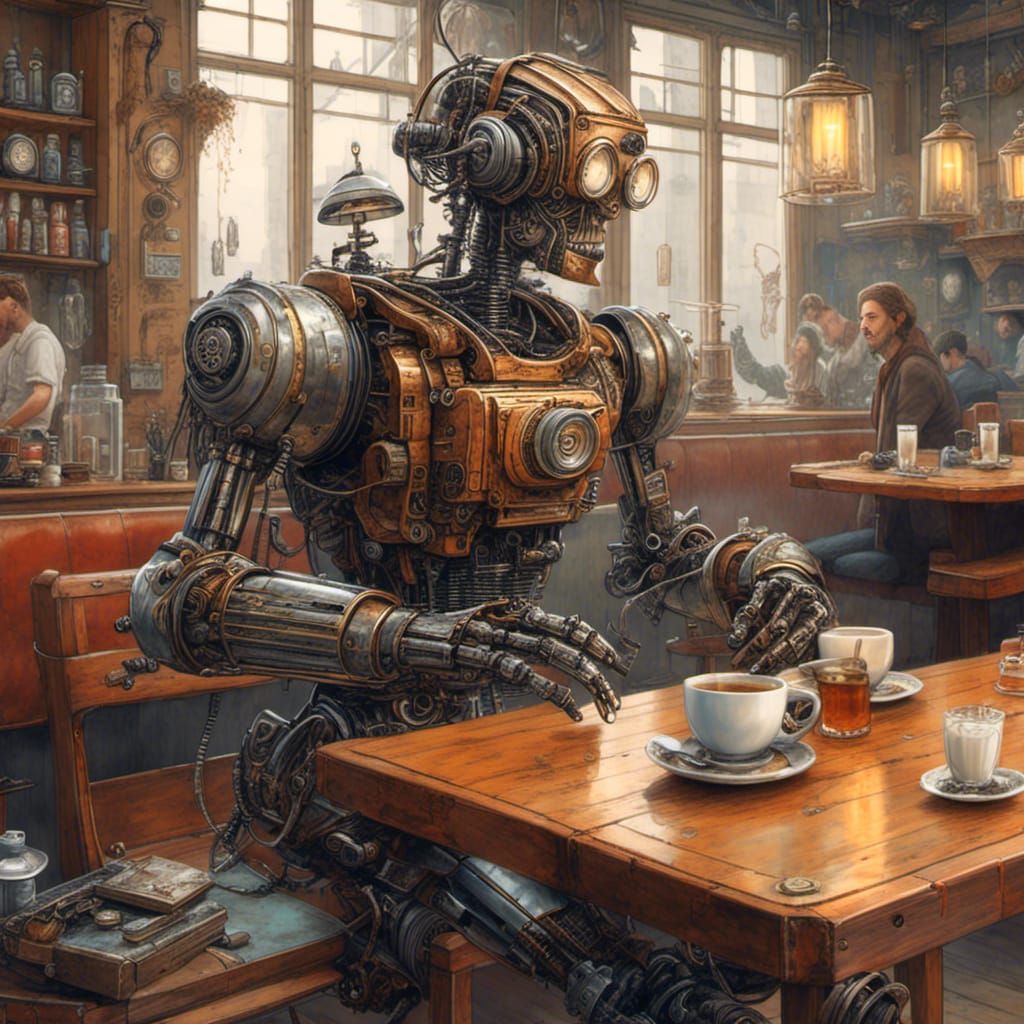 <lora:ROBOTICA:1.0> Steampunk robot chilling, drinking tea in a cafe