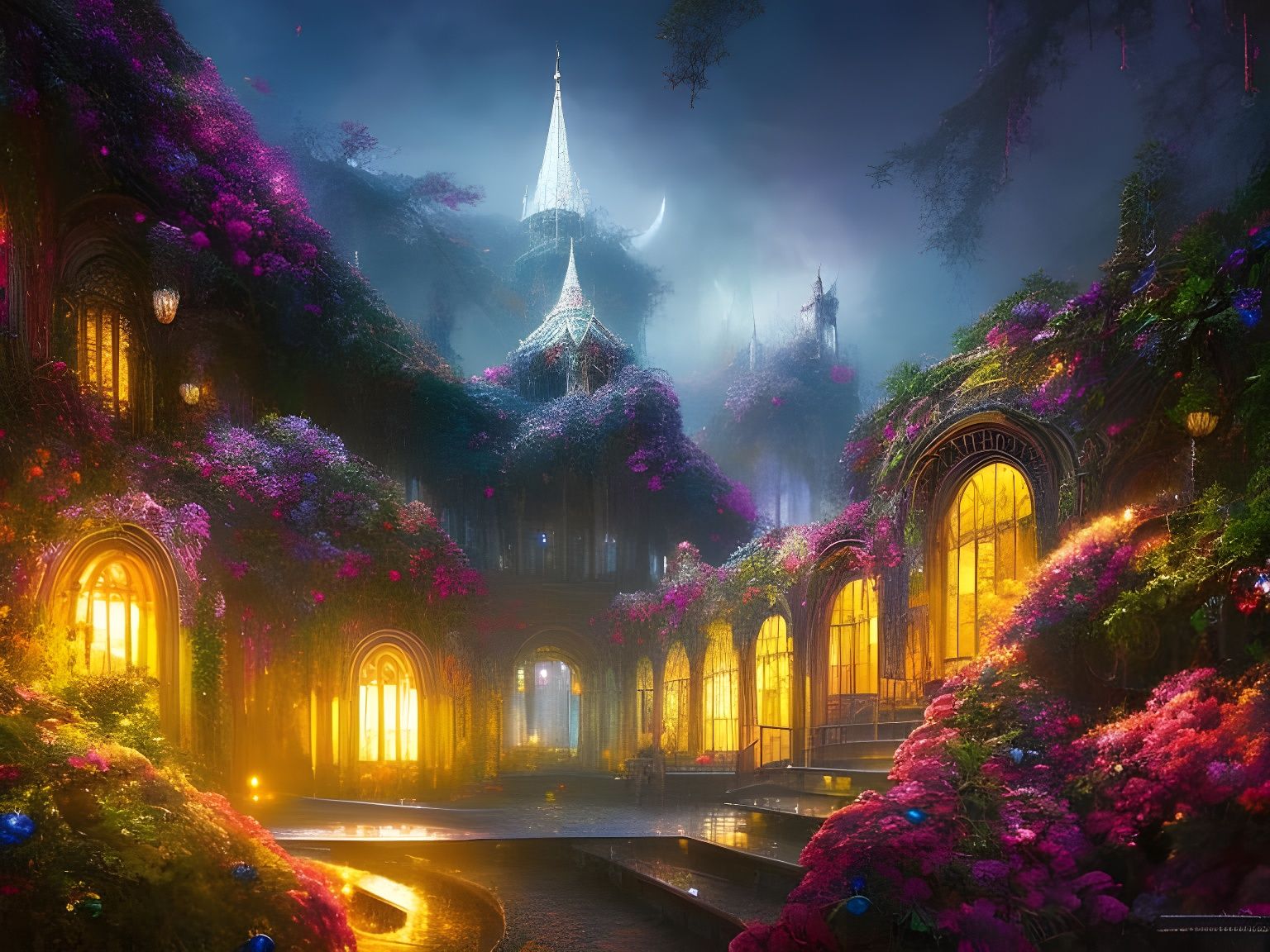 Insanely detailed photograph of a Hyperdetailed Nighttime Magic Colorful Aesthetic Crystallic Celestial ... false