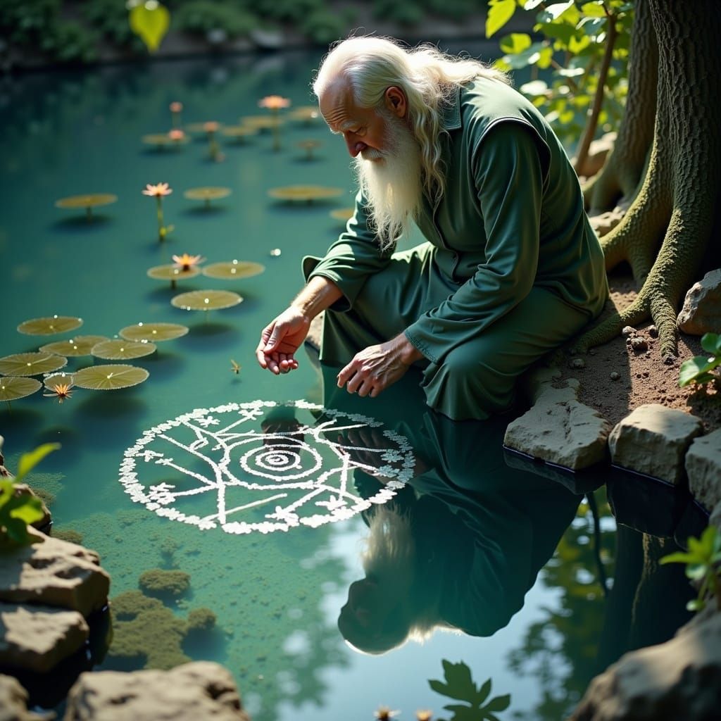  <lora:DangerousBeauty:1.0> A wise elder kneeling by a crystal-clear spring, tracing symbols in the water as soft light glows around them.