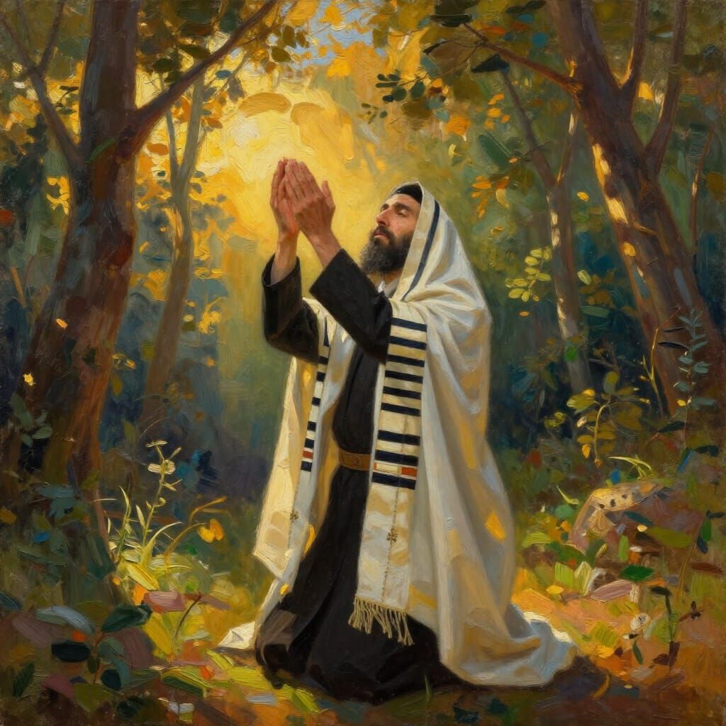 Haredi Man Prays in Forest at Golden Hour