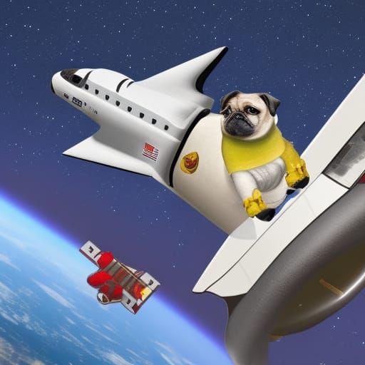 a pug riding in space shuttle shaped amusement ride