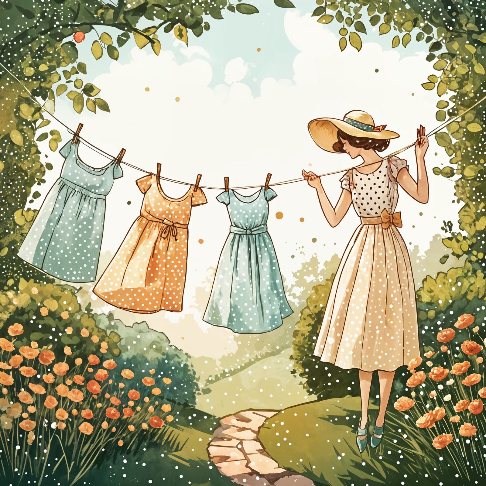 Clothesline in the garden with polka dot dresses hanging and blowing in the wind  by @Good_Vibes_Only