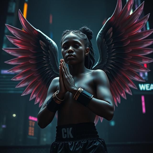 Black female Muay Thai fighter praying with wings on her back on a black background.